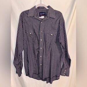 Wrangler Men’s XL Tails Navy Checkered Long Sleeve Pearl Snap Shirt